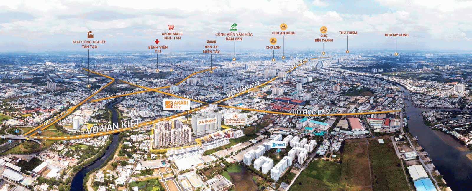 chi tiết vị trí dự án akari city của CĐT Nam Long trên đường Võ Văn Kiệt